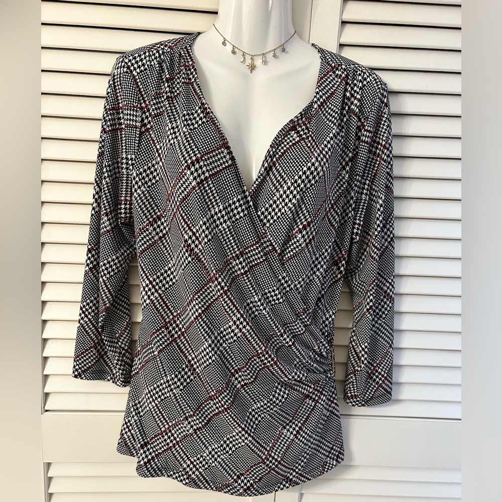 Charter Club Black & White houndstooth Faux-Wrap Top with Red Trim